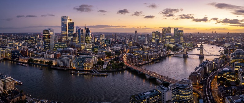 City of London skyline at dusk — the world's premier seat for international commercial arbitration under English law